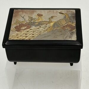 VTG Chokin Art Collection Japan Music Box Black Lacquer Gold Peacock‎ Design 5"